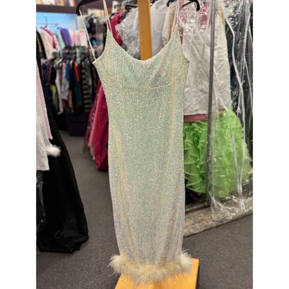 Windsor Womens Large Iridescent White Long Dress With Fur Hem & Spaghetti Straps